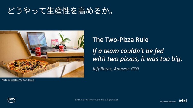 © 2020, Amazon Web Services, Inc. or its affiliates. All rights reserved.
In Partnership with
どうやって生産性を高めるか。
Jeff Bezos, Amazon CEO
Photo by Creative Vix from Pexels
