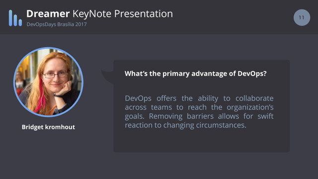 11
Dreamer KeyNote Presentation
DevOps oﬀers the ability to collaborate
across teams to reach the organization’s
goals. Removing barriers allows for swift
reaction to changing circumstances.
What’s the primary advantage of DevOps?
Bridget kromhout
DevOpsDays Brasília 2017
