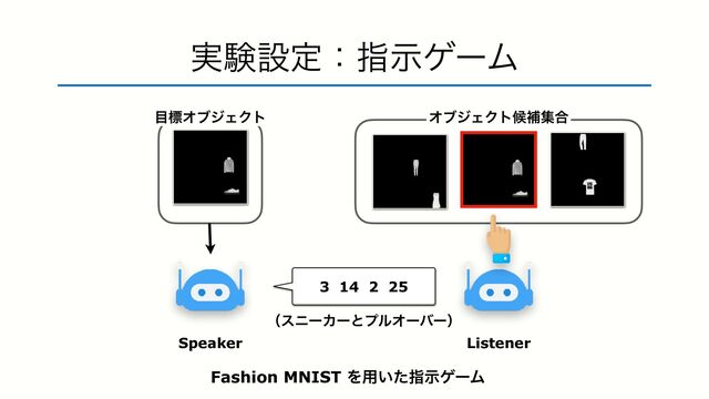 ࣮ݧઃఆɿࢦࣔήʔϜ
Speaker
3 14 2 25
໨ඪΦϒδΣΫτ
Listener
ΦϒδΣΫτީิू߹
Fashion MNIST Λ༻͍ͨࢦࣔήʔϜ
ʢεχʔΧʔͱϓϧΦʔόʔʣ
