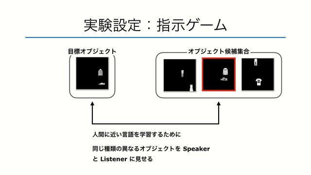 ࣮ݧઃఆɿࢦࣔήʔϜ
ਓؒʹ͍ۙݴޠΛֶश͢ΔͨΊʹ


ಉ͡छྨͷҟͳΔΦϒδΣΫτΛ Speaker
ͱ Listener ʹݟͤΔ
໨ඪΦϒδΣΫτ ΦϒδΣΫτީิू߹
