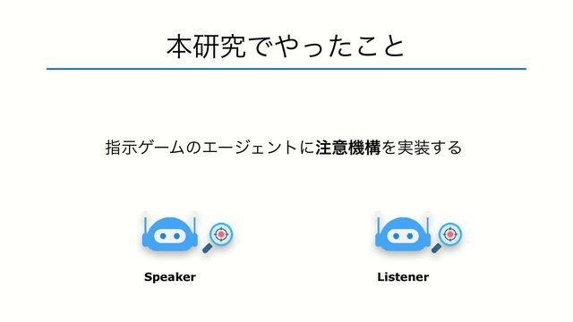 ࢦࣔήʔϜͷΤʔδΣϯτʹ஫ҙػߏΛ࣮૷͢Δ
ຊݚڀͰ΍ͬͨ͜ͱ
Speaker Listener

