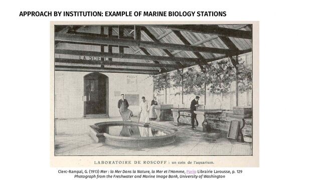 APPROACH BY INSTITUTION: EXAMPLE OF MARINE BIOLOGY STATIONS
Clerc-Rampal, G. (1913) Mer : la Mer Dans la Nature, la Mer et l'Homme, Paris: Librairie Larousse, p. 129
Photograph from the Freshwater and Marine Image Bank, University of Washington

