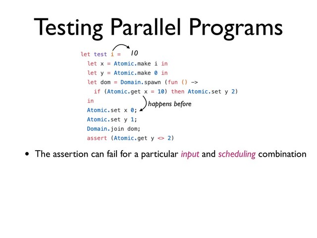 Testing Parallel Programs
• The assertion can fail for a particular input and scheduling combination
happens before
10
