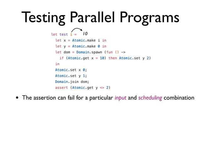 Testing Parallel Programs
• The assertion can fail for a particular input and scheduling combination
10
