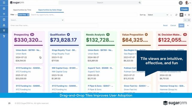 © 2023 SugarCRM Inc. All rights reserved.
23
Drag-and-Drop Tiles Improves User Adoption
Tile views are intuitive,
effective, and fun
