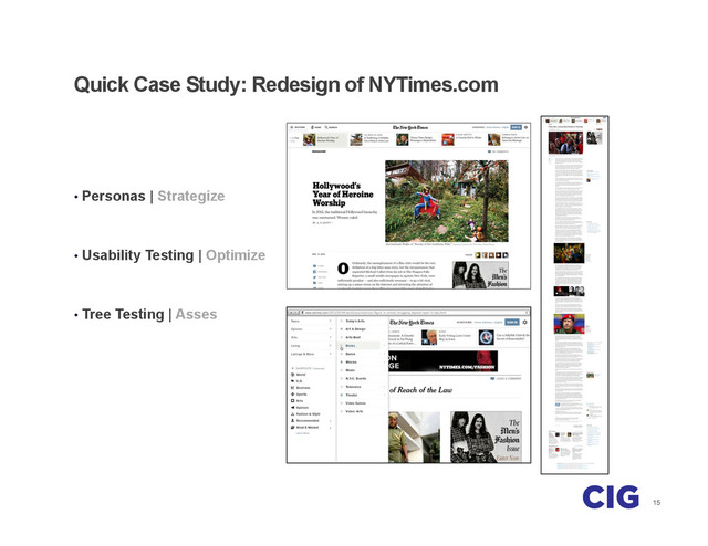 15
Quick Case Study: Redesign of NYTimes.com
•  Personas | Strategize
•  Usability Testing | Optimize
•  Tree Testing | Asses
