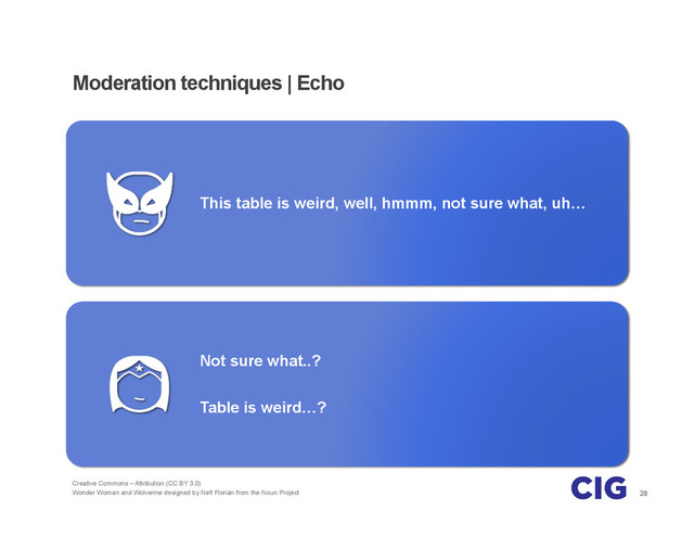 28
Moderation techniques | Echo
This table is weird, well, hmmm, not sure what, uh…
Not sure what..?
Table is weird…?
Creative Commons – Attribution (CC BY 3.0)
Wonder Woman and Wolverine designed by Nefi Florián from the Noun Project
