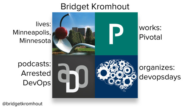 @bridgetkromhout
lives:
Minneapolis,
Minnesota
works:
Pivotal
podcasts:
Arrested
DevOps
organizes:
devopsdays
Bridget Kromhout
