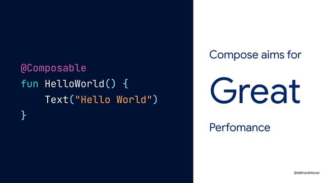Compose aims for
Perfomance
Great
@ddinorahtovar
@Composable
fun HelloWorld() {
Text("Hello World")
}
