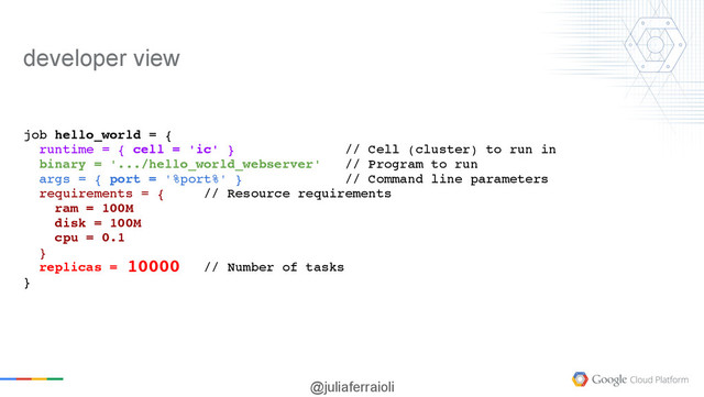 @juliaferraioli
job hello_world = {
runtime = { cell = 'ic' } // Cell (cluster) to run in
binary = '.../hello_world_webserver' // Program to run
args = { port = '%port%' } // Command line parameters
requirements = { // Resource requirements
ram = 100M
disk = 100M
cpu = 0.1
}
replicas = 5 // Number of tasks
}
10000
developer view
