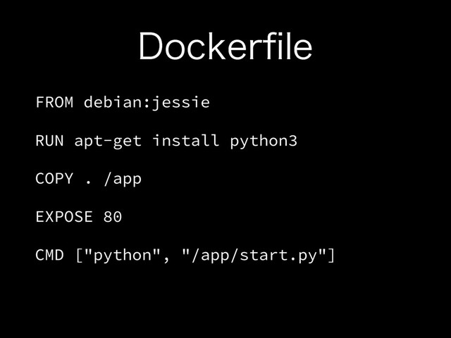 %PDLFSpMF
FROM debian:jessie
RUN apt-get install python3
COPY . /app
EXPOSE 80
CMD ["python", "/app/start.py"]
