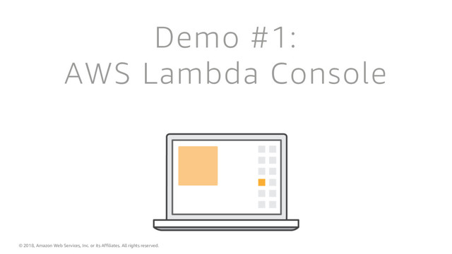 © 2018, Amazon Web Services, Inc. or its Affiliates. All rights reserved.
Demo #1:
AWS Lambda Console
