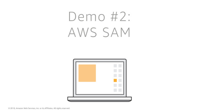 © 2018, Amazon Web Services, Inc. or its Affiliates. All rights reserved.
Demo #2:
AWS SAM
