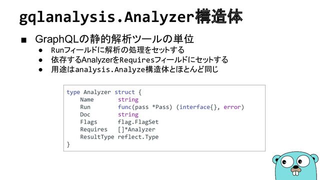 gqlanalysis.Analyzer構造体
■ GraphQLの静的解析ツールの単位
● Runフィールドに解析の処理をセットする
● 依存するAnalyzerをRequiresフィールドにセットする
● 用途はanalysis.Analyze構造体とほとんど同じ
type Analyzer struct {
Name string
Run func(pass *Pass) (interface{}, error)
Doc string
Flags flag.FlagSet
Requires []*Analyzer
ResultType reflect.Type
}
