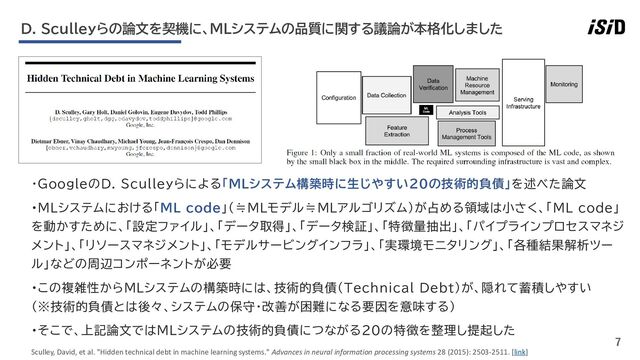 7
・GoogleのD. Sculleyらによる「MLシステム構築時に生じやすい20の技術的負債」を述べた論文
・MLシステムにおける「ML code」（≒MLモデル≒MLアルゴリズム）が占める領域は小さく、「ML code」
を動かすために、「設定ファイル」、「データ取得」、「データ検証」、「特徴量抽出」、「パイプラインプロセスマネジ
メント」、「リソースマネジメント」、「モデルサービングインフラ」、「実環境モニタリング」、「各種結果解析ツー
ル」などの周辺コンポーネントが必要
・この複雑性からMLシステムの構築時には、技術的負債（Technical Debt）が、隠れて蓄積しやすい
（※技術的負債とは後々、システムの保守・改善が困難になる要因を意味する）
・そこで、上記論文ではMLシステムの技術的負債につながる20の特徴を整理し提起した
Sculley, David, et al. "Hidden technical debt in machine learning systems." Advances in neural information processing systems 28 (2015): 2503-2511. [link]
D. Sculleyらの論文を契機に、MLシステムの品質に関する議論が本格化しました
