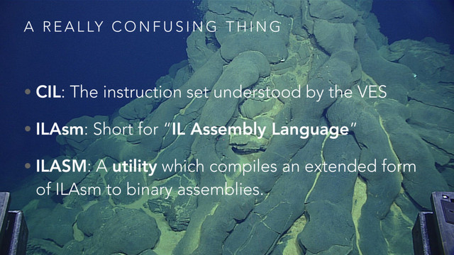 A R E A L LY C O N F U S I N G T H I N G
• CIL: The instruction set understood by the VES
• ILAsm: Short for “IL Assembly Language”
• ILASM: A utility which compiles an extended form
of ILAsm to binary assemblies.
