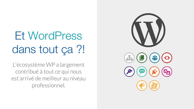 Et WordPress
dans tout ça ?!
L’écosystème WP a largement
contribué à tout ce qui nous
est arrivé de meilleur au niveau
professionnel.
