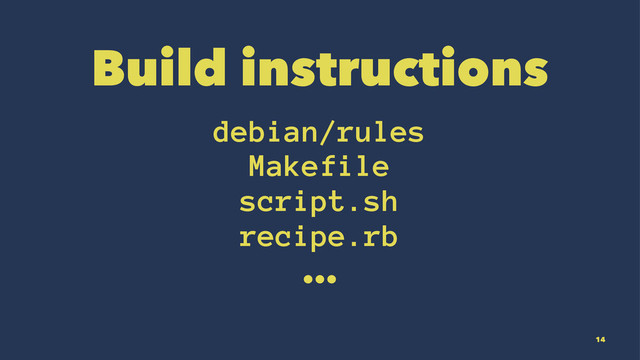 Build instructions
debian/rules
Makefile
script.sh
recipe.rb
...
14

