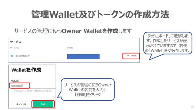 管理Wallet及びトークンの作成方法
サービスの管理に使うOwner Walletを作成します
「ダッシュボード」に遷移しま
す。作成したサービスが表
示されていますので、右側
の「Wallet」をクリックします。
サービスの管理に使うOwner
Walletの名前を入力し
「作成」をクリック
25
