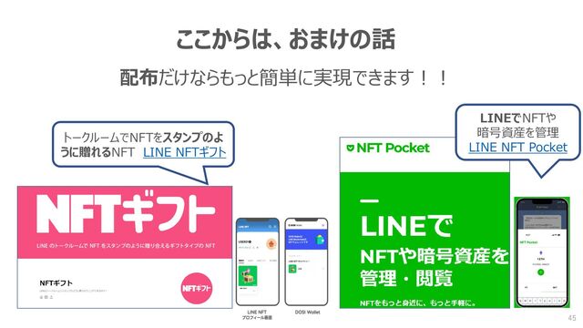 配布だけならもっと簡単に実現できます！！
ここからは、おまけの話
トークルームでNFTをスタンプのよ
うに贈れるNFT LINE NFTギフト
LINEでNFTや
暗号資産を管理
LINE NFT Pocket
45
