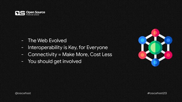 - The Web Evolved
- Interoperability is Key, for Everyone
- Connectivity = Make More, Cost Less
- You should get involved
