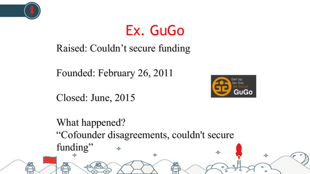 Ex. GuGo
Raised: Couldn’t secure funding
Founded: February 26, 2011
Closed: June, 2015
What happened?
“Cofounder disagreements, couldn't secure
funding”
