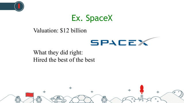 Ex. SpaceX
Valuation: $12 billion
What they did right:
Hired the best of the best
