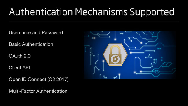 Authentication Mechanisms Supported
Username and Password

Basic Authentication

OAuth 2.0

Client API

Open ID Connect (Q2 2017)

Multi-Factor Authentication
