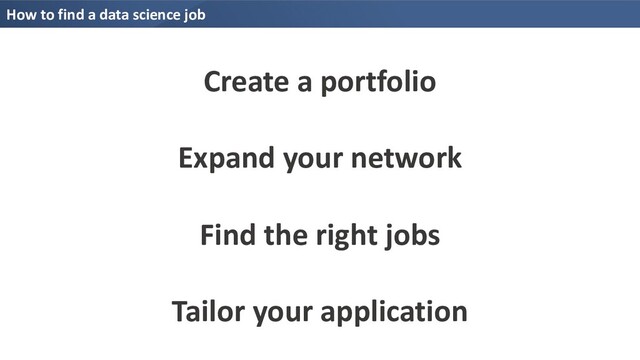 How to find a data science job
Create a portfolio
Expand your network
Find the right jobs
Tailor your application
