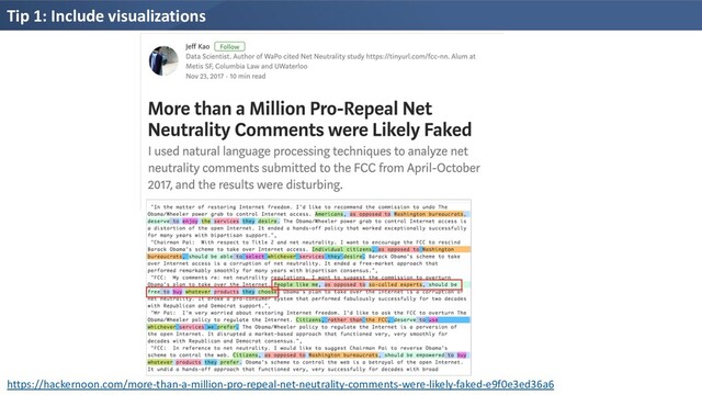 Tip 1: Include visualizations
https://hackernoon.com/more-than-a-million-pro-repeal-net-neutrality-comments-were-likely-faked-e9f0e3ed36a6
