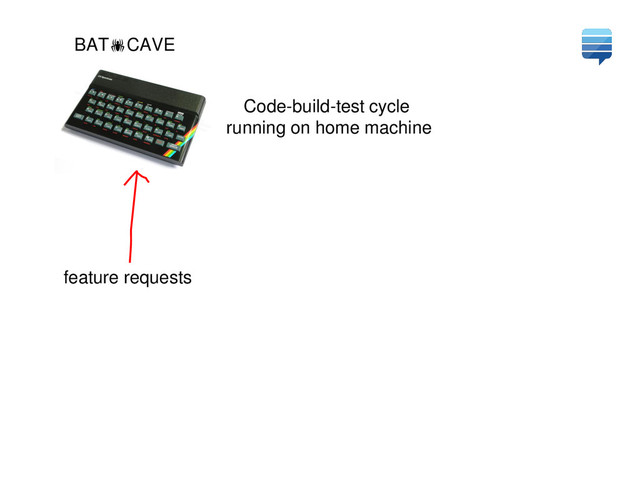 BATCAVE
Code-build-test cycle
running on home machine
feature requests
