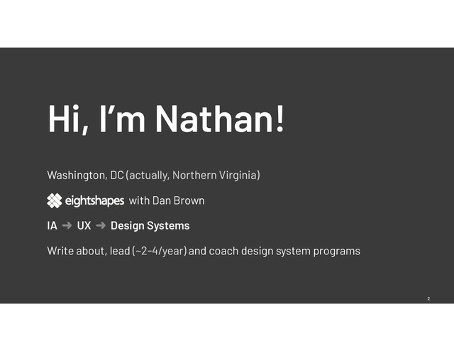 2
Washington, DC (actually, Northern Virginia)
with Dan Brown
IA ➜ UX ➜ Design Systems
Write about, lead (~2-4/year) and coach design system programs
Hi, I’m Nathan!

