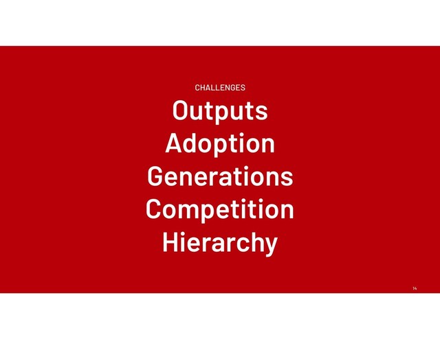 14
CHALLENGES
Outputs
Adoption
Generations
Competition
Hierarchy
