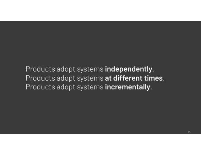 25
Products adopt systems independently.
Products adopt systems at different times.
Products adopt systems incrementally.
