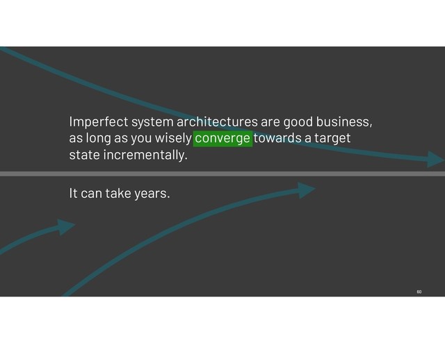 60
Imperfect system architectures are good business,
as long as you wisely converge towards a target
state incrementally.  
It can take years.
