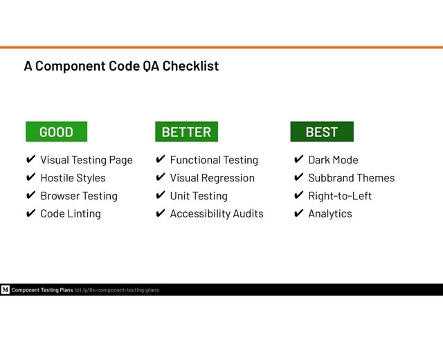 A Component Code QA Checklist
72
✔ Visual Testing Page
✔ Hostile Styles
✔ Browser Testing
✔ Code Linting
✔ Functional Testing
✔ Visual Regression
✔ Unit Testing
✔ Accessibility Audits
✔ Dark Mode
✔ Subbrand Themes
✔ Right-to-Left
✔ Analytics
Component Testing Plans bit.ly/8s-component-testing-plans
BEST
BETTER
GOOD
