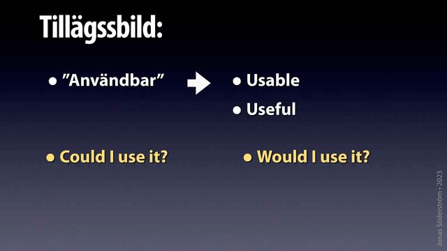 Jonas Söderström • 2023
Tillägssbild:
•”Användbar” •Usable
•Useful
•Could I use it? •Would I use it?
