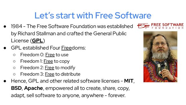 Let’s start with Free Software
● 1984 - The Free Software Foundation was established
by Richard Stallman and crafted the General Public
License (GPL)
● GPL established Four Freedoms:
○ Freedom 0: Free to use
○ Freedom 1: Free to copy
○ Freedom 2: Free to modify
○ Freedom 3: Free to distribute
● Hence, GPL and other related software licenses - MIT,
BSD, Apache, empowered all to create, share, copy,
adapt, sell software to anyone, anywhere - forever.
