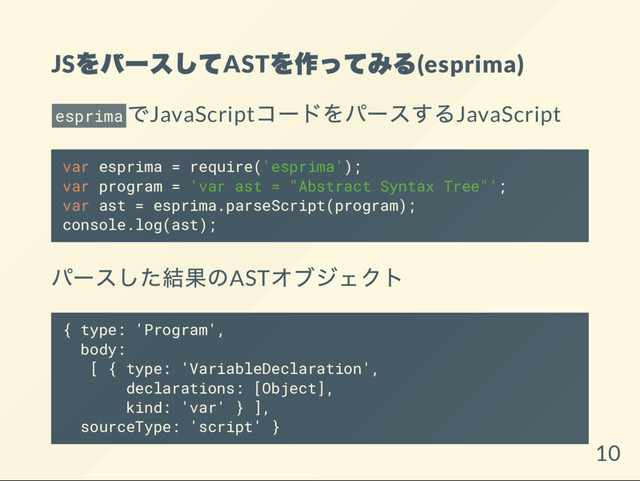 JS
をパー
スしてAST
を作ってみる(esprima)
esprima
でJavaScript
コー
ドをパー
スするJavaScript
var esprima = require('esprima');
var program = 'var ast = "Abstract Syntax Tree"';
var ast = esprima.parseScript(program);
console.log(ast);
パー
スした結果のAST
オブジェクト
{ type: 'Program',
body:
[ { type: 'VariableDeclaration',
declarations: [Object],
kind: 'var' } ],
sourceType: 'script' }
10
