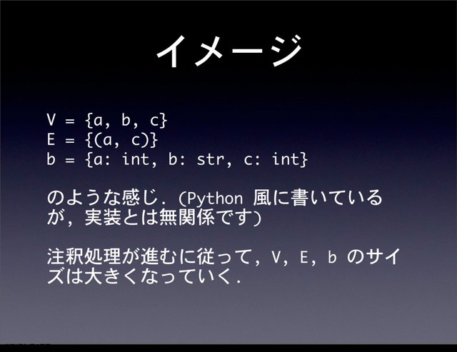 イメージ
V	 =	 {a,	 b,	 c}
E	 =	 {(a,	 c)}
b	 =	 {a:	 int,	 b:	 str,	 c:	 int}
のような感じ.	 (Python	 風に書いている
が,	 実装とは無関係です)
注釈処理が進むに従って,	 V,	 E,	 b	 のサイ
ズは大きくなっていく.
12೥1݄20೔༵ۚ೔
