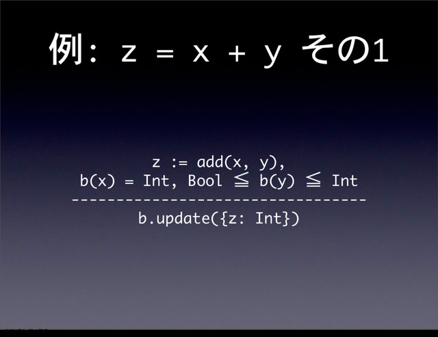 例:	 z	 =	 x	 +	 y	 その1
z	 :=	 add(x,	 y),
b(x)	 =	 Int,	 Bool	 ≦	 b(y)	 ≦	 Int
---------------------------------
b.update({z:	 Int})
12೥1݄20೔༵ۚ೔
