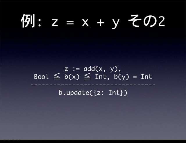 例:	 z	 =	 x	 +	 y	 その2
z	 :=	 add(x,	 y),
Bool	 ≦	 b(x)	 ≦	 Int,	 b(y)	 =	 Int
---------------------------------
b.update({z:	 Int})
12೥1݄20೔༵ۚ೔
