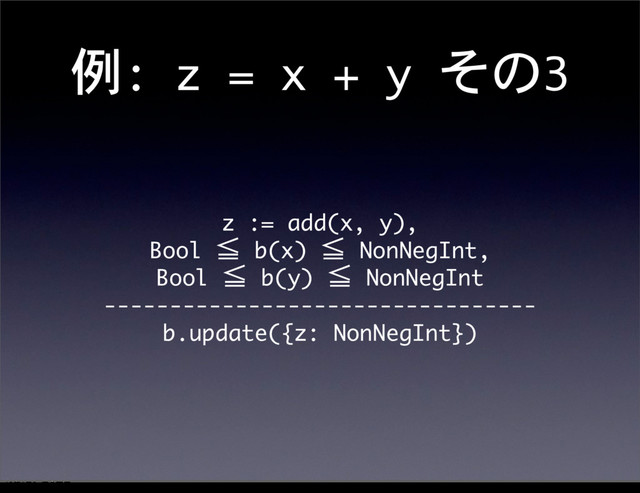 例:	 z	 =	 x	 +	 y	 その3
z	 :=	 add(x,	 y),
Bool	 ≦	 b(x)	 ≦	 NonNegInt,
Bool	 ≦	 b(y)	 ≦	 NonNegInt
---------------------------------
b.update({z:	 NonNegInt})
12೥1݄20೔༵ۚ೔
