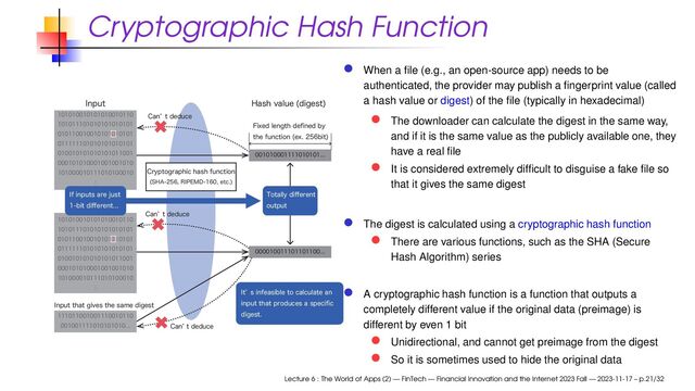Cryptographic Hash Function




















*OQVUUIBUHJWFTUIFTBNFEJHFTU
$BO` UEFEVDF
'JYFEMFOHUIEFpOFECZ
UIFGVODUJPO FYCJU

*OQVU )BTIWBMVF EJHFTU

*GJOQVUTBSFKVTU
CJUEJ⒎FSFOU
5PUBMMZEJ⒎FSFOU
PVUQVU
$SZQUPHSBQIJDIBTIGVODUJPO
4)"3*1&.%FUD

$BO` UEFEVDF
$BO`UEFEVDF
*U` TJOGFBTJCMFUPDBMDVMBUFBO
JOQVUUIBUQSPEVDFTBTQFDJpD
EJHFTU
When a ﬁle (e.g., an open-source app) needs to be
authenticated, the provider may publish a ﬁngerprint value (called
a hash value or digest) of the ﬁle (typically in hexadecimal)
The downloader can calculate the digest in the same way,
and if it is the same value as the publicly available one, they
have a real ﬁle
It is considered extremely difﬁcult to disguise a fake ﬁle so
that it gives the same digest
The digest is calculated using a cryptographic hash function
There are various functions, such as the SHA (Secure
Hash Algorithm) series
A cryptographic hash function is a function that outputs a
completely different value if the original data (preimage) is
different by even 1 bit
Unidirectional, and cannot get preimage from the digest
So it is sometimes used to hide the original data
Lecture 6 : The World of Apps (2) — FinTech — Financial Innovation and the Internet 2023 Fall — 2023-11-17 – p.21/32
