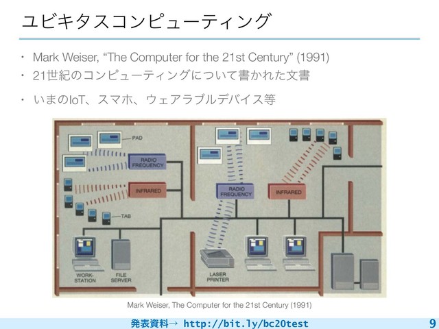 ൃදࢿྉˠ http://bit.ly/bc20test
ϢϏΩλείϯϐϡʔςΟϯά
• Mark Weiser, “The Computer for the 21st Century” (1991)
• 21ੈلͷίϯϐϡʔςΟϯάʹ͍ͭͯॻ͔Εͨจॻ
• ͍·ͷIoTɺεϚϗɺ΢ΣΞϥϒϧσόΠε౳
9
Mark Weiser, The Computer for the 21st Century (1991)
