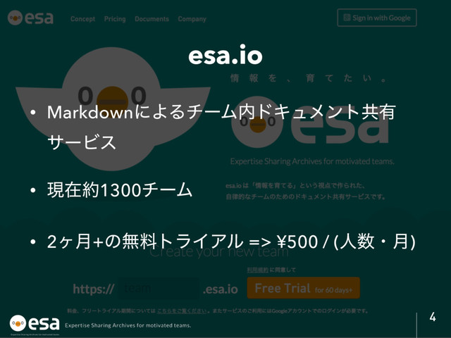 esa.io
• MarkdownʹΑΔνʔϜ಺υΩϡϝϯτڞ༗
αʔϏε
• ݱࡏ໿1300νʔϜ
• 2ϲ݄+ͷແྉτϥΠΞϧ => ¥500 / (ਓ਺ɾ݄)
4
