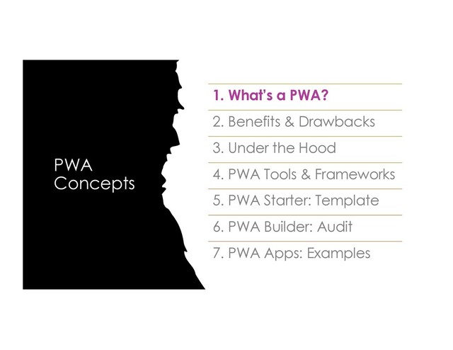 PWA
Concepts
1. What’s a PWA?
2. Benefits & Drawbacks
3. Under the Hood
4. PWA Tools & Frameworks
5. PWA Starter: Template
6. PWA Builder: Audit
7. PWA Apps: Examples
