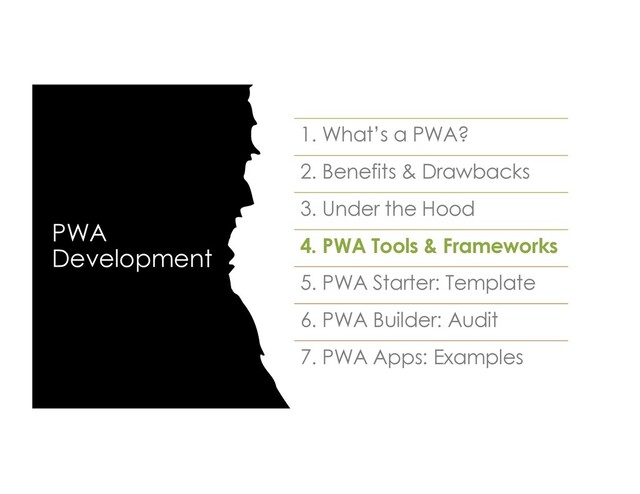 PWA
Development
1. What’s a PWA?
2. Benefits & Drawbacks
3. Under the Hood
4. PWA Tools & Frameworks
5. PWA Starter: Template
6. PWA Builder: Audit
7. PWA Apps: Examples
