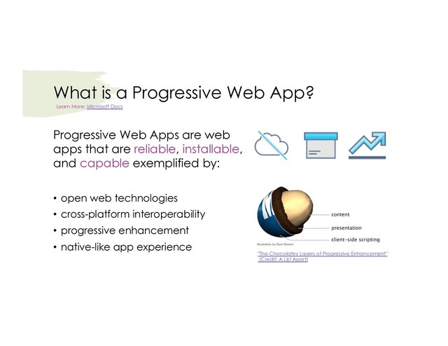 What is a Progressive Web App?
Progressive Web Apps are web
apps that are reliable, installable,
and capable exemplified by:
• open web technologies
• cross-platform interoperability
• progressive enhancement
• native-like app experience
Learn More: Microsoft Docs
"The Chocolatey Layers of Progressive Enhancement”
(Credit: A List Apart)
