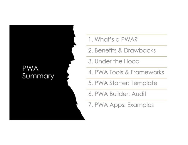 PWA
Summary
1. What’s a PWA?
2. Benefits & Drawbacks
3. Under the Hood
4. PWA Tools & Frameworks
5. PWA Starter: Template
6. PWA Builder: Audit
7. PWA Apps: Examples
